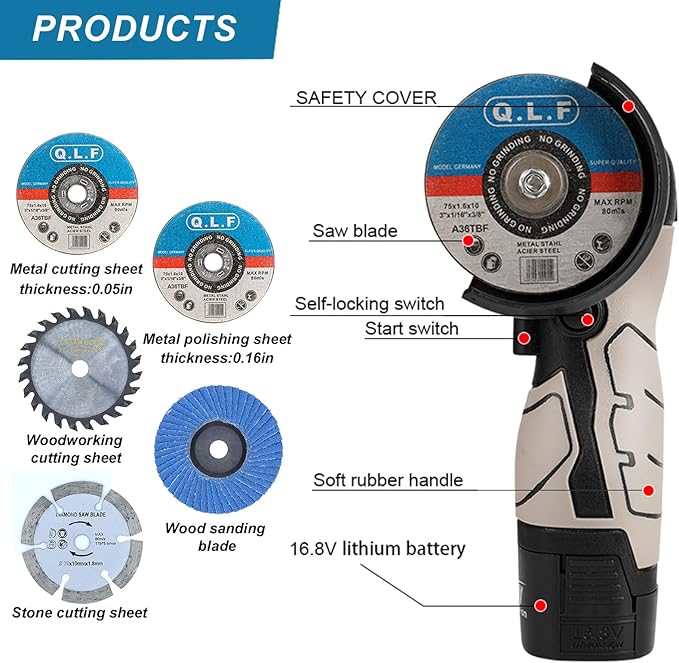 Cordless Brush Angle Grinder Kit, 19500rpm Mini Electric Angle Grinding Tool with 2pcs 16.8V 2000mAh Batteries and 5-Cutting Discs, Grinder Handheld Cutter for Metal Wood