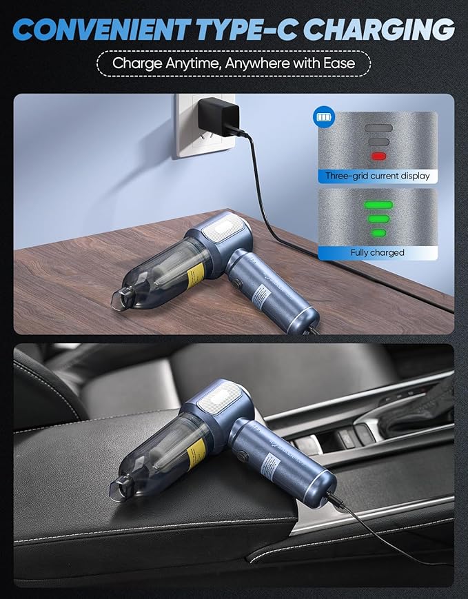 Mini Vacuum Cleaner, Cordless Car Vacuum, 17500PA High Suction, 3 in 1 Handheld Vacuum, Vacuuming, Blowing, Inflating, Deflation, Portable Vaccum with HEPA Filter for Cars,Desktop,Home SW106