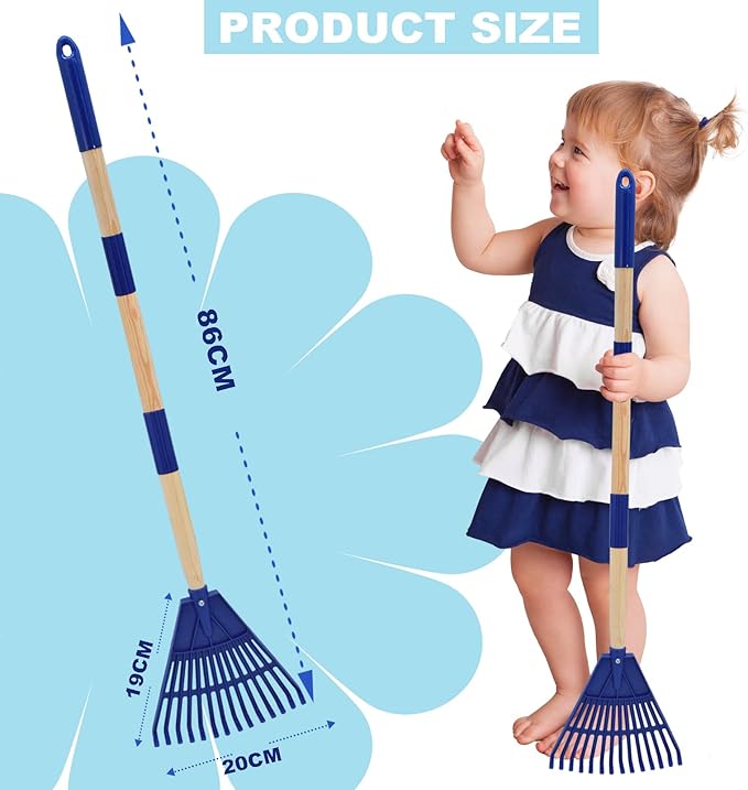 Kids Leaf Rake - 3-Section Adjustable Handle, Lightweight, Wood & Plastic, Small Garden Tool for Children (Blue)