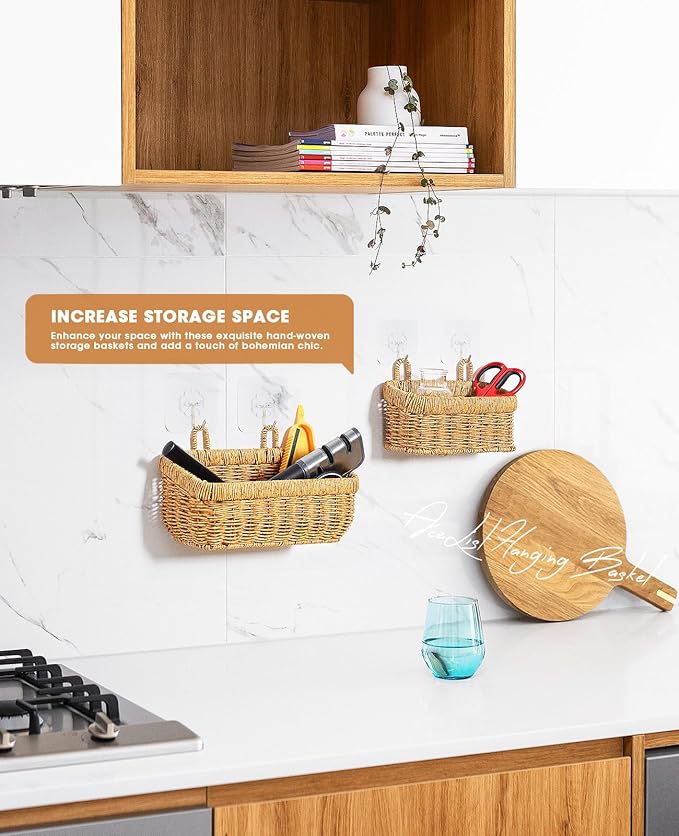 AceList Wall Hanging Basket, Boho Style Hand-Woven Hanging Storage Baskets - Set of 2, Ideal for Boho Room Decor, Kitchen, Garden, and Living Room