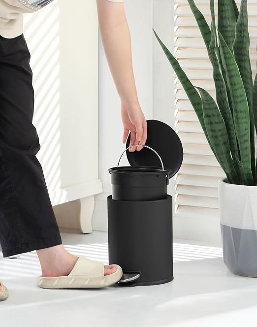 SunnyPoint 3L (0.8 Gallon) Mini Trash Can with Lid – Small Step-On Garbage Bin, Slow-Close & Removable Inner Bucket – Compact for Bathroom, Office, Bedroom, RV, Dorm, Under Sink (BLK)