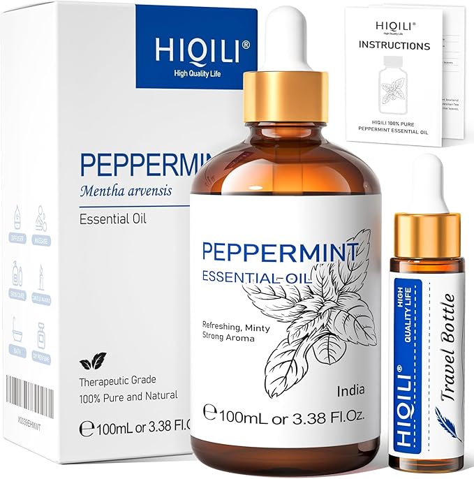 HIQILI Peppermint Essential Oil Add to Spray, Diffuser, Can Enjoy Air Freshening, Use in Kitchen, Bedroom, Office, Extra Free Travel Bottle - 3.38 Fl Oz/100 ML