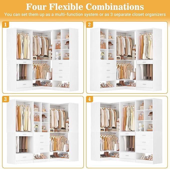 Homieasy Closet System Organizer with Drawers, Pants Rack, Cube Storage and Hanging Area – Wardrobe Organizer with Hanging Rods, Shoe Storage & Anti-Tip Kit – Expandable and Easy to Install, White