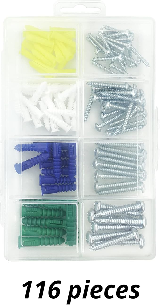 HASWARE Plastic Drywall Wall Anchors Screw Assortment Kit 116PCS-Includes 4 Different Size Anchors and Screws,Wall Plug Bolts Expansion Bolt for Wallboard Concrete Pciture Hanging