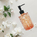 12Oz Small Glass Soap Dispenser with Black Plastic Pump, Amber Refillable Kitchen Countertop Liquid Hand Soap Dispensers with Diamond Design, Crystal Bathroom Lotion Bottle for Dispense Dish Soap