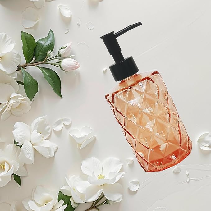 12Oz Small Glass Soap Dispenser with Black Plastic Pump, Amber Refillable Kitchen Countertop Liquid Hand Soap Dispensers with Diamond Design, Crystal Bathroom Lotion Bottle for Dispense Dish Soap