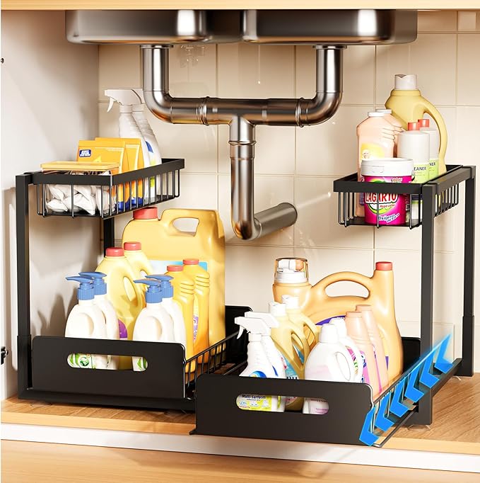 Under Sink Organizer 2 Pack,Metal Pull Out Cabinet Organizer Shelf,Kitchen Bathroom Organizers and Storage with Sliding Drawer,Storage Shelves,Storage and organization for Home,Laundry,RV,Pantry,Spice