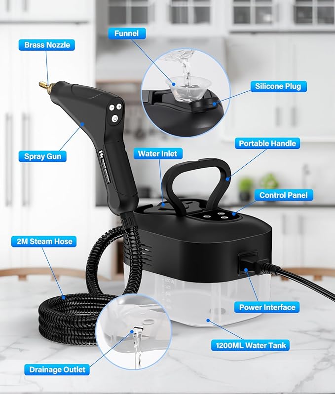 HK Steam Cleaner, 6-Level Adjustable Handle, 1.2L Tank, 15s Heat-Up, 2500W Steamer for Cleaning, Portable Steamer for Cleaning with 16PCS Accessories, Steam Cleaner for Home, Dirt, Grease, Car
