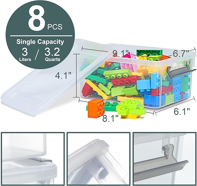 Citylife 8 Packs Small Storage Bins with Lids 3.2 QT Plastic Storage Containers for Organizing Stackable Clear Storage Boxes