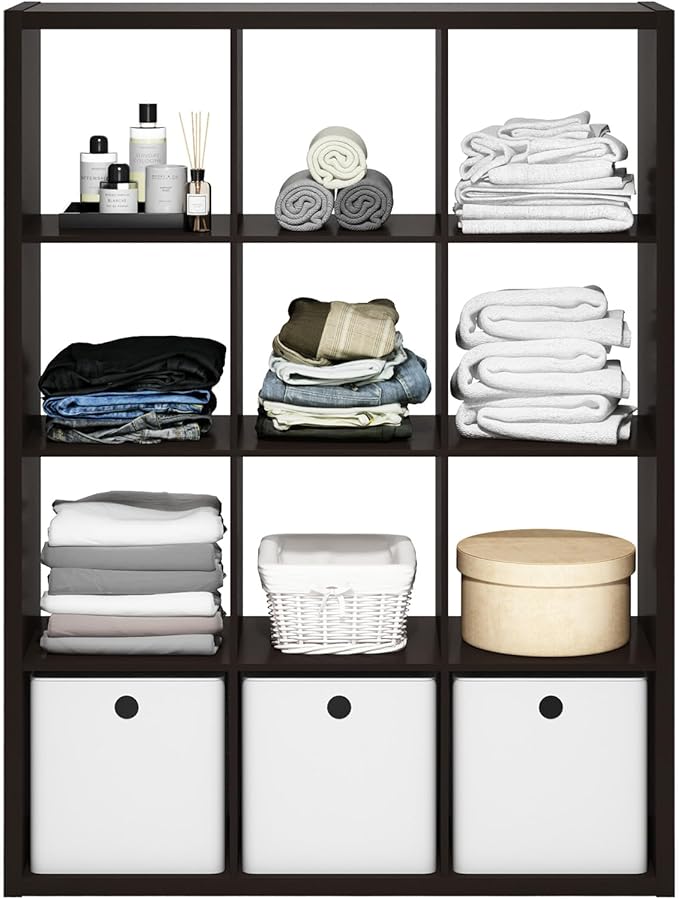 Furinno Cubicle Open Back Decorative Cube Storage Organizer, 12-Cube, Black Dark Oak