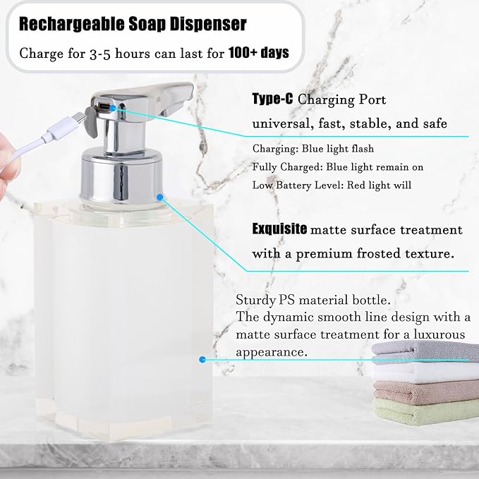 Automatic Soap Dispenser, Touchless Smart Foam Soap Dispenser, USB Rechargeable, 7.6oz / 225ml, Dish Soap Dispenser for Bathroom, Kitchen, Hotel - Bule