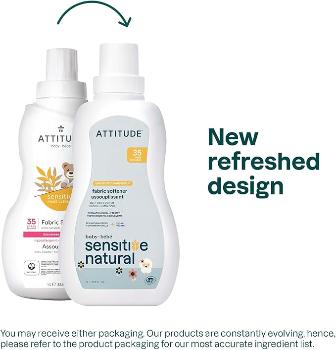 ATTITUDE Baby Fabric Softener for Sensitive Skin, Plant and Mineral Based Ingredients, Vegan Household Products, Unscented, 35 Loads, 33.8 Fl Oz