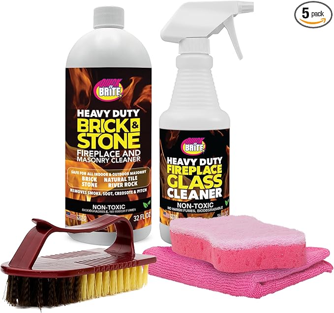 Quick 'n Brite Fireplace Cleaning Kit – Includes 16 oz Fireplace Glass Cleaner, 32 oz Gel Fireplace Cleaner, Scrub Brush, Sponge and Microfiber Towel