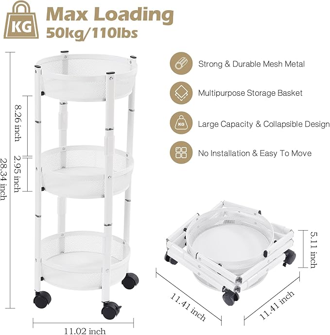 TOOLF 3-Tier Foldable Rolling Cart, Collapsible Metal Utility Cart with Wheels, No Assemble, Multifunction Storage Organizer Trolley for Kitchen, Bathroom, Dorm, Nursery, White
