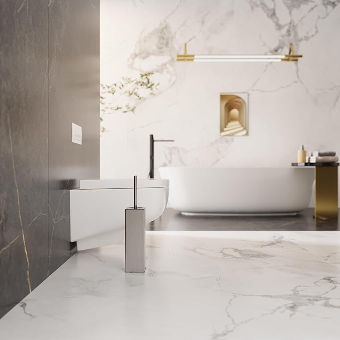 BGL Square Toilet Brush with Holder,Stainless Steel Rubber Painted Toilet Bowl Brush and Holder for Bathroom,2 Cleaner Brush Heads,Brushed Nickel