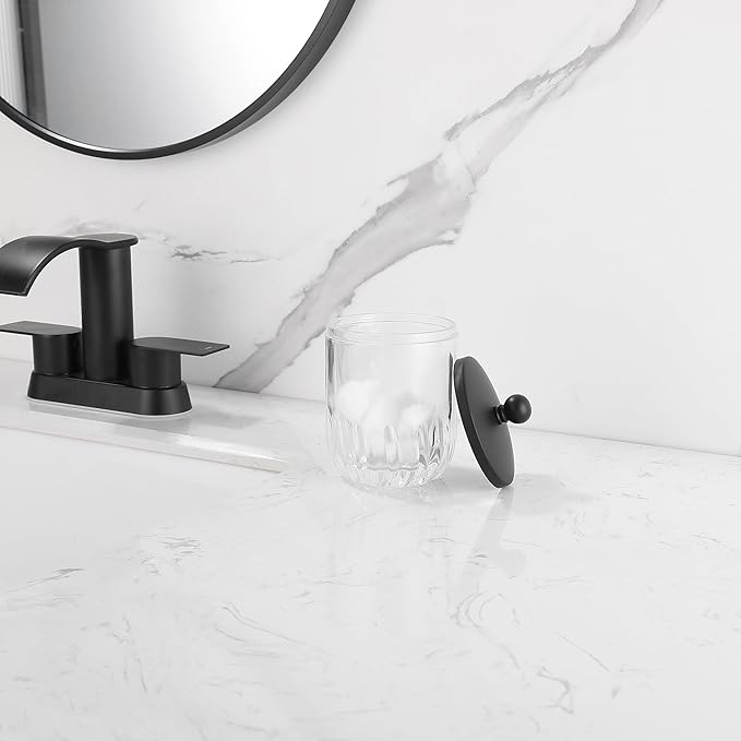 Glass Jar with Metal Lid for Bathroom Organization, Clear Apothecary Jar for Cotton Balls, Q Tips, and Small Accessories, Stylish Bathroom Storage Container Black