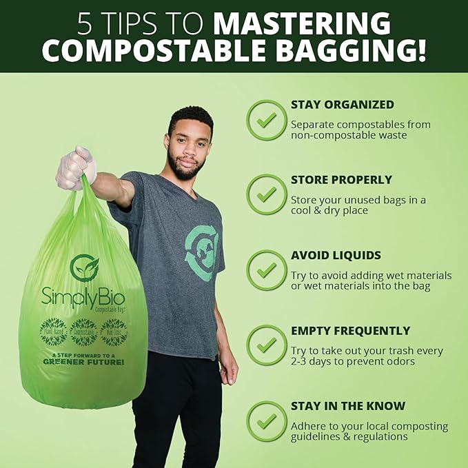 13 Gallon Compostable Trash Bags Liners with Handle-Tie, Thick 0.87 Mil, 49.21 Liter, 30 Bags, Tall Kitchen Food Scrap Waste Bag, ASTM D6400, US BPI and OK Compost Home Certified