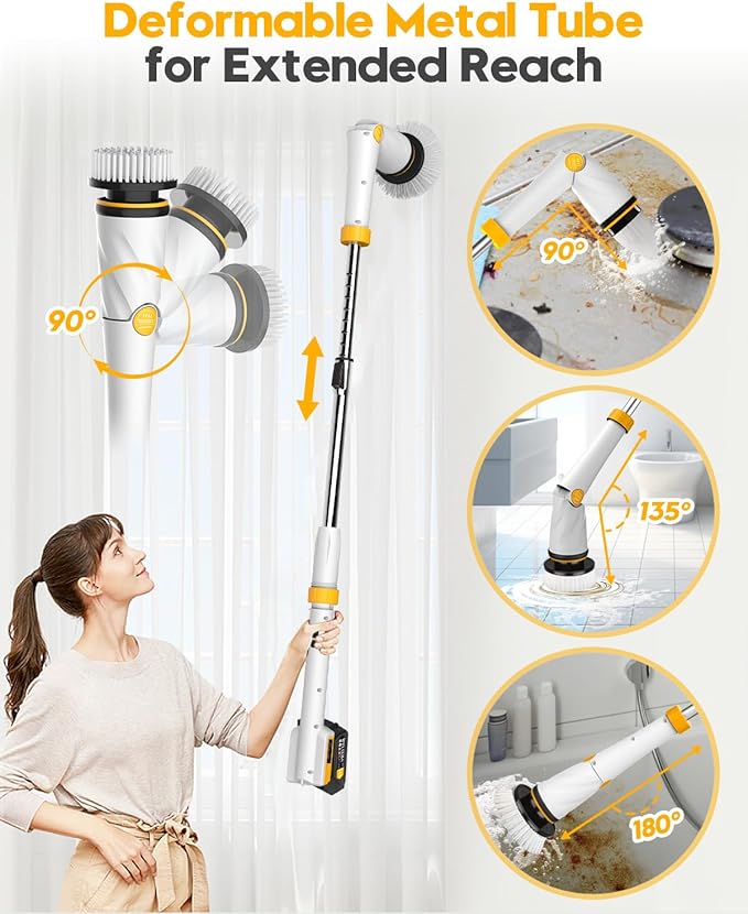 1200 RPM Powerful Electric Spin Scrubber with 8 Cleaning Brush, 2 Battery Cordless Shower Scrubber with 3 Speeds Display & 50inch Retractable Handle, IPX7 Waterproof Power Scrubbers for Deep Cleaning