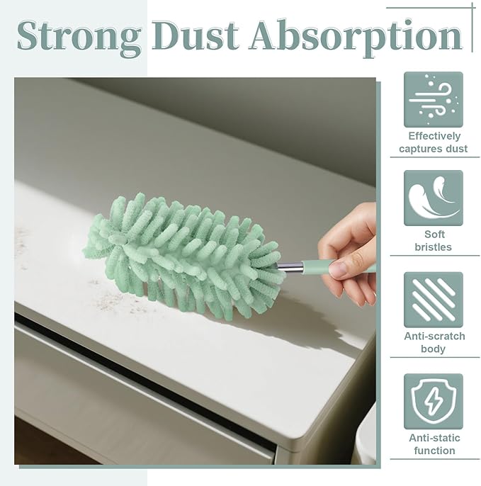 2 PCS Car Interior Duster with Extension Pole, Microfiber Car Dusters with Bendable Head, Cars Dusters Exterior&Interior Scratch Free, for Cleaning of Vehicle Details, Offices, Window (Light Green)