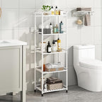 5 Tier Bathroom Storage Open Shelf Unit, Free-Standing Metal Corner Rack Shelving for Kitchen, Living Room, Hallway (White, Wider 5 Tier)