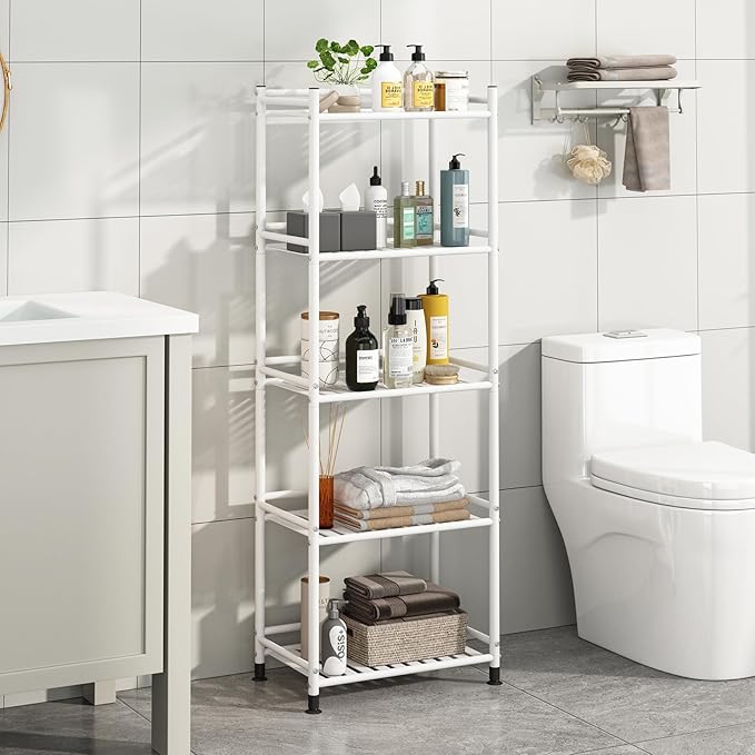 5 Tier Bathroom Storage Open Shelf Unit, Free-Standing Metal Corner Rack Shelving for Kitchen, Living Room, Hallway (White, Wider 5 Tier)