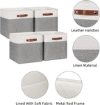 HNZIGE Foldable Storage Cubes Baskets Set(4 Pack) Fabric Bins for Shelves,13 Inch Storage Basket for Organizing with Leather Handles for Home, Toys, Clothes, Kids Room, Closet Storage(White&Gray)