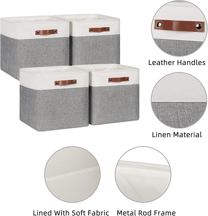 HNZIGE Foldable Storage Cubes Baskets Set(4 Pack) Fabric Bins for Shelves,13 Inch Storage Basket for Organizing with Leather Handles for Home, Toys, Clothes, Kids Room, Closet Storage(White&Gray)