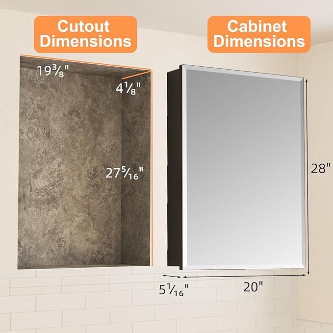 20x28 Inch Medicine Cabinet with Mirror, Aluminum Bathroom Mirror Cabinet, Beveled Edge Mirrored Single Door, Adjustable Shelves, Surface or Recessed Mount Mirrors with Storage,Black