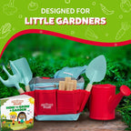 Matching Board Book - Red Kids Gardening Tools Set Includes Sturdy Tote Bag, Watering Can, Shovel, Rake, and Trowel - Garden Storybook - Kids Garden Tools- Easter Gifts for Toddler Age on up.