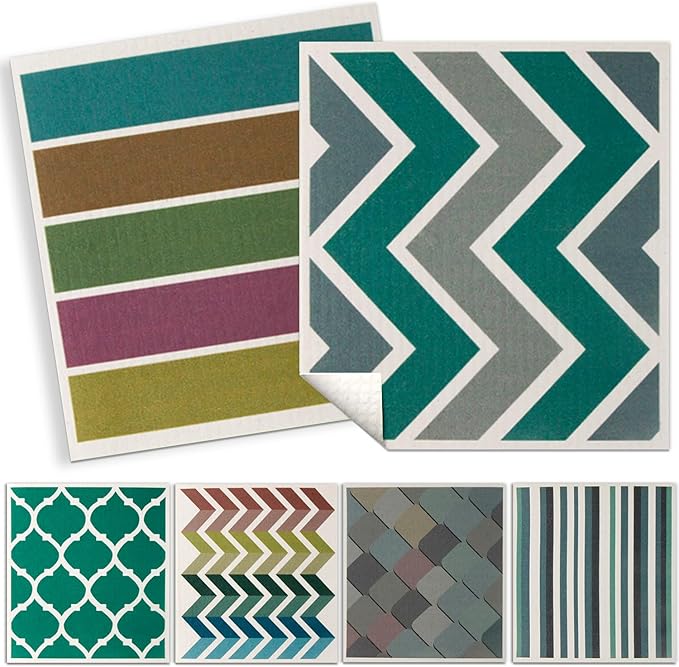Swedish Kitchen Dish Cloths - 6 Pack Reusable Paper Towels for Counters & Dishes - Eco Friendly Cellulose Sponge Cloth - Assorted (Stripes + Lattice)