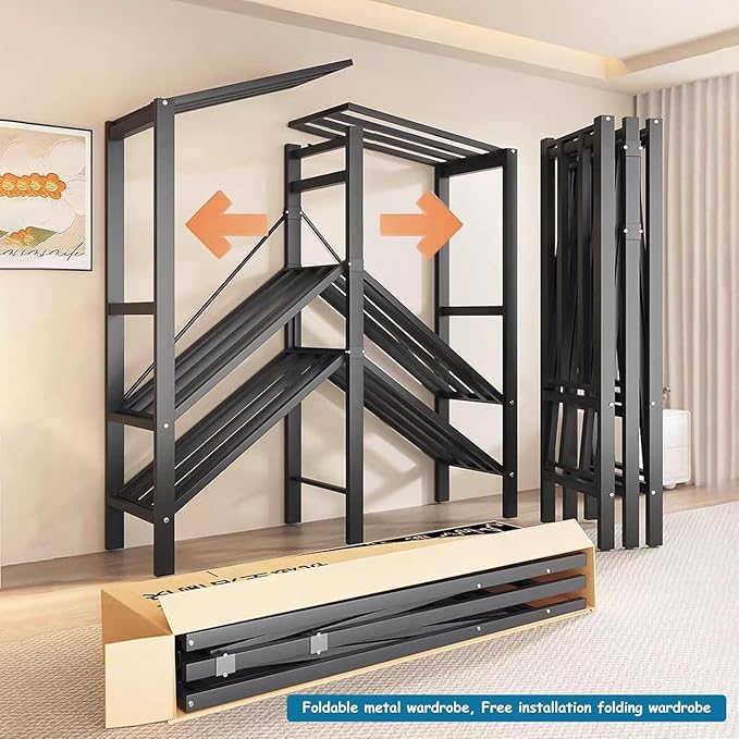 Heavy Duty Covered Clothes Rack with Magnetic Door Foldable Portable Wardrobe Closet for Hanging Clothing Rolling Black Metal Garment Rack on Wheels Closet System (Navy Blue, 70.89in)