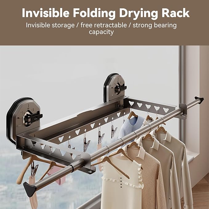 Extendable Clothing Dryer Rack, Invisible Folding Storage, Wall Mounted Drying Rack, Strong Suction Power, for Bed Linen, Clothing, Foldable Bathroom Wall Shelf (Curry Grey)