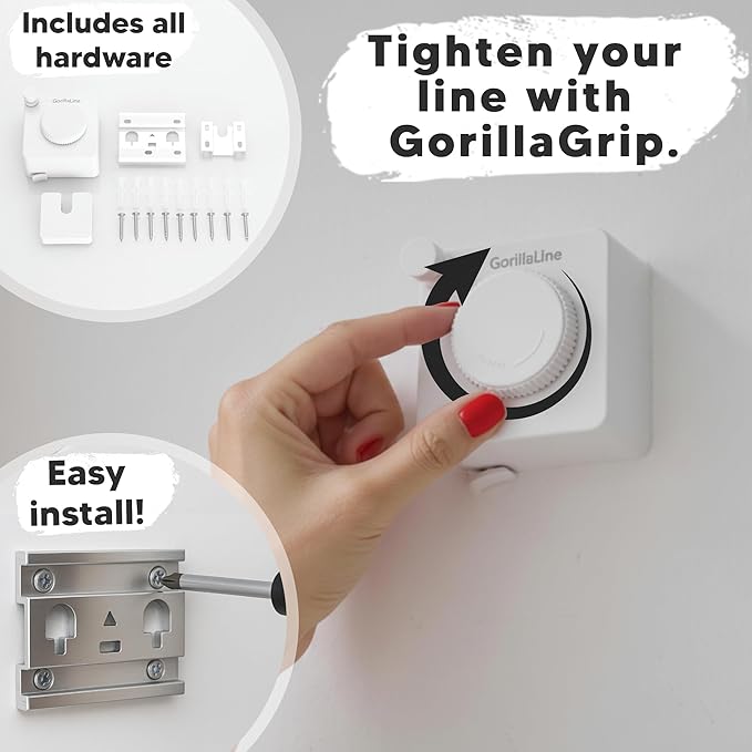 GorillaLine Basic - Retractable Clothesline Indoor Outdoor Clothes Line - Heavy Duty Clothes Drying Laundry Line - Wall Mounted Drying Rack - Air Dry Clothing - 15ft line Max Tighten with GorillaGrip