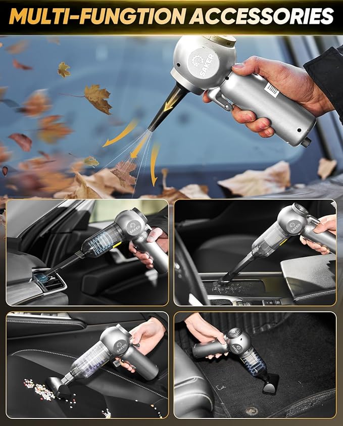Saker Car Vacuum Portable 6-in-1 Handheld Cordless Vacuums, 20000PA Suction, 7800mAh Blower, Window Breaker, Seatbelt Cutter for Car, Home & Office Cleaning SW102 Silver