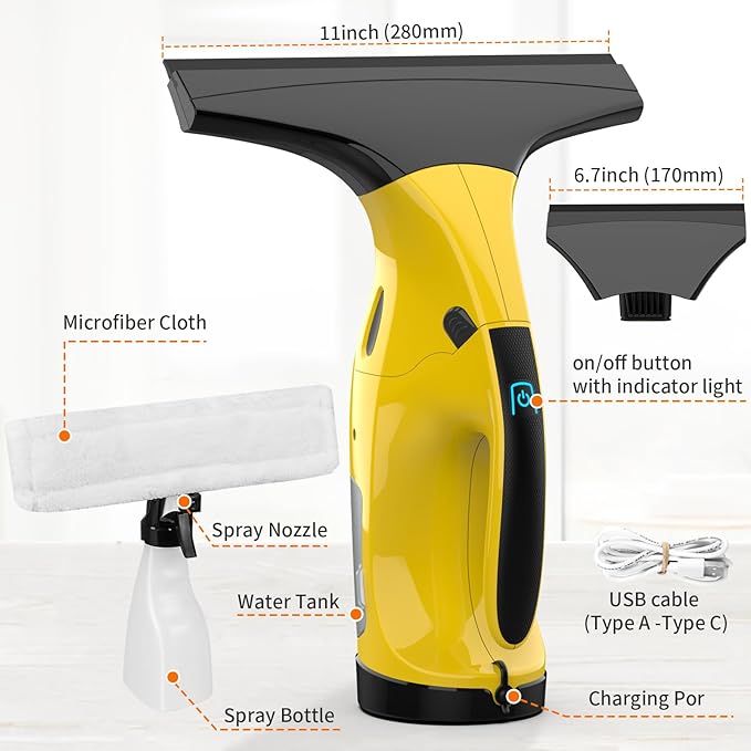 Window Vacuum Squeegee Cordless, Rechargeable Window Vacuum Cleaner with 2 X Squeegee (11”+ 6.7”), Electric Window Vac for Windows, Tiles, Mirrors, Showers, Glass, 2200mA