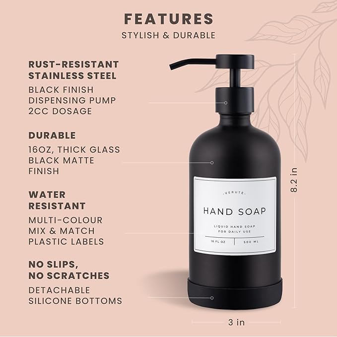 16oz Glass Soap Dispenser with Stainless Steel Pump, 21 Waterproof Labels, Non-Slip Protective Silicone Pad, Set of 2 for Bathroom & Kitchen (Matte Black Bottle/Black Pump)