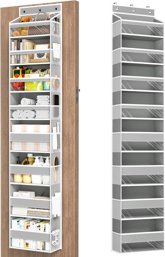Over The Door Organizer, 8 Shelf Door Hanging Organizers with 8 Large Capacity Pockets, Back of Door Organizer Storage Hanging Shelves for Closet Bathroom Bedroom Nursery