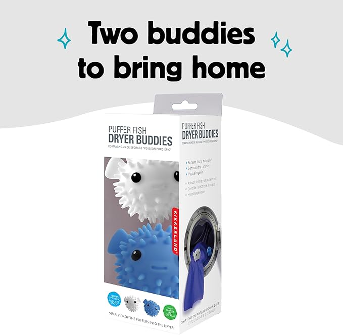 Kikkerland Set of Two Reusable Dryer Buddies for Laundry – Fabric Softener Dryer Balls – Control Static, Remove Wrinkles, Dry Clothes Faster, Puffer Fish