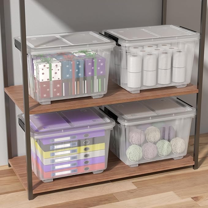 Zopnny 50 Qt Stackable Plastic Storage Bins with Lids, 4 Pack - BPA-Free, See-Through Organizing Solution, Latches, Wheels, Durable Nestable Containers, Clear