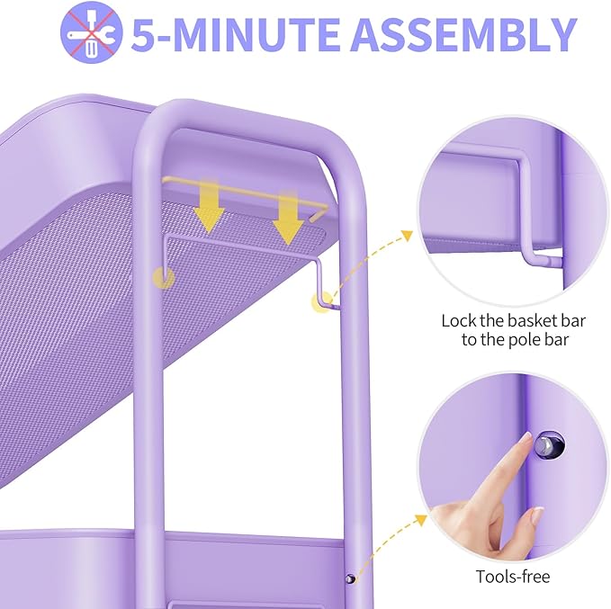 TOOLF 3-Tier Metal Rolling Cart with Wheels, Storage Utility Organizer Cart for Kitchen, Bathroom, Office, Baby Essentials & Makeup - Lockable Casters, Easy Assembly, Large Capacity, Purple