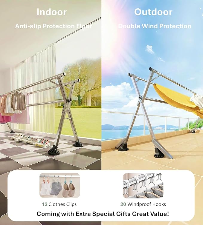 95 Inches Clothes Drying Rack Clothing Windproof Design, Heavy Duty Stainless Steel Laundry Drying Rack Folding Indoor Outdoor, Foldable Portable Clothing Racks for Hanging Clothes, 20 Hooks 12 Clips