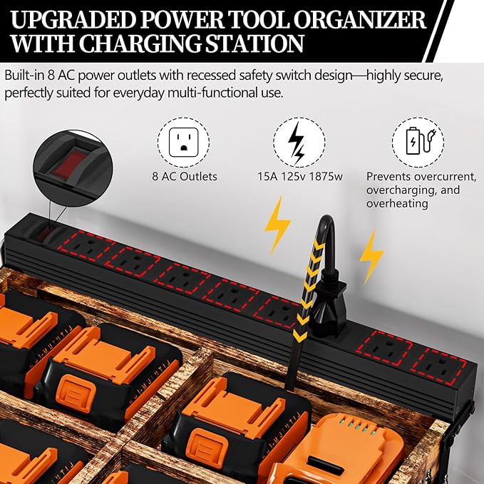 Heavy-Duty Power Tool Organizer with Charging Station,Premium Thickened Wood Panels,Tool Organizer 5 Layers + 5 Side Hooks Lntegrated Design Tool Organizers and Storage
