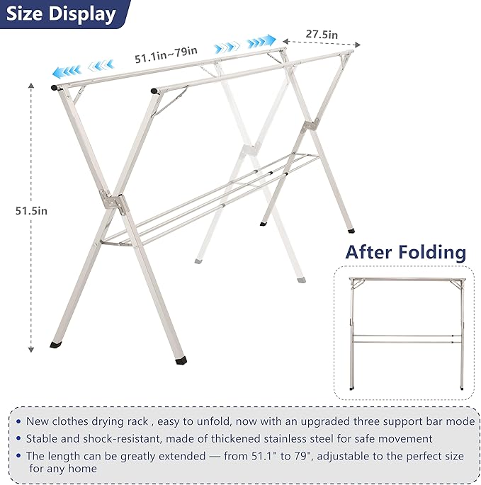 79 inches Foldable Clothes Drying Rack, Heavy Duty Stainless Steel Laundry Drying Rack for Indoor Outdoor, Clothes Rack Adjustable Length. 3 Additional Reinforcement Bars with 20 Windproof Hooks