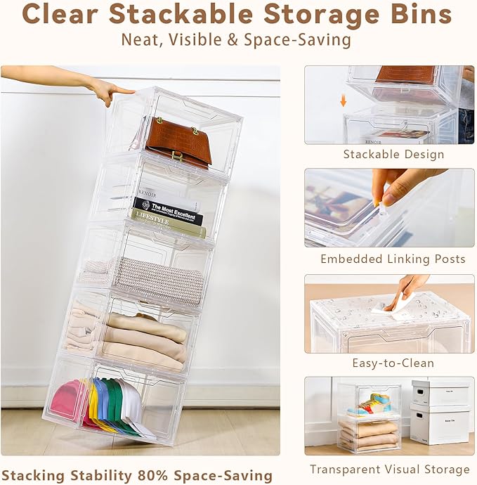 Closet Organizers and Storage, Acrylic Clear Plastic Storage Bins with Magnetic Door, 8 Pack Storage Containers for Clothes Home Organization Purse Bag Cabinet Display Closet Organizer System