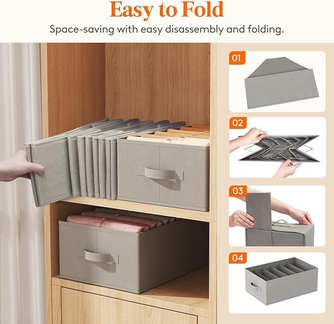 Lifewit 4 Pack Clothes Organizer, 6 Grids Closet Jean Storage Bins with Handles and Support Boards, Foldable Drawer Organizer for Sweater, Pants, T-shirt, Dress, Grey, Size 16.5''x10.6''x7.1''