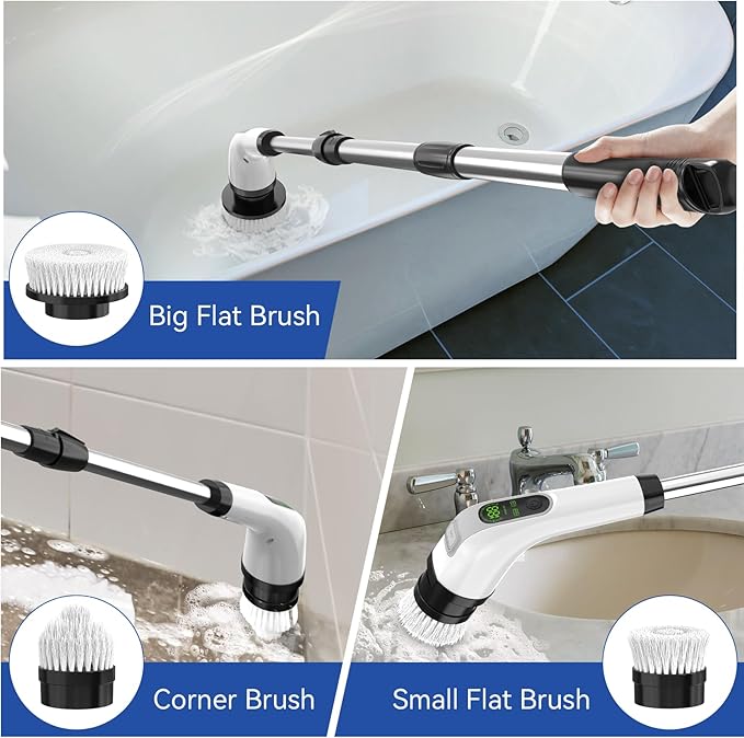 Electric Spin Scrubber with Long Handle: ALPONO Cordless Power Shower Scrubber Spin Brush with 7 Brush Replacement Heads for Cleaning Bathroom,Tub, Tile (Black)