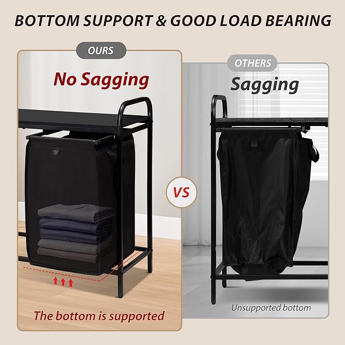 2 Section Laundry Hamper with Shelf, Laundry Basket Organizer with 2 Pull-Out Removable Bags 2×13.2Gal(49.9L), Laundry Sorter for Clothes Organization in Bedroom, Laundry Room, Black