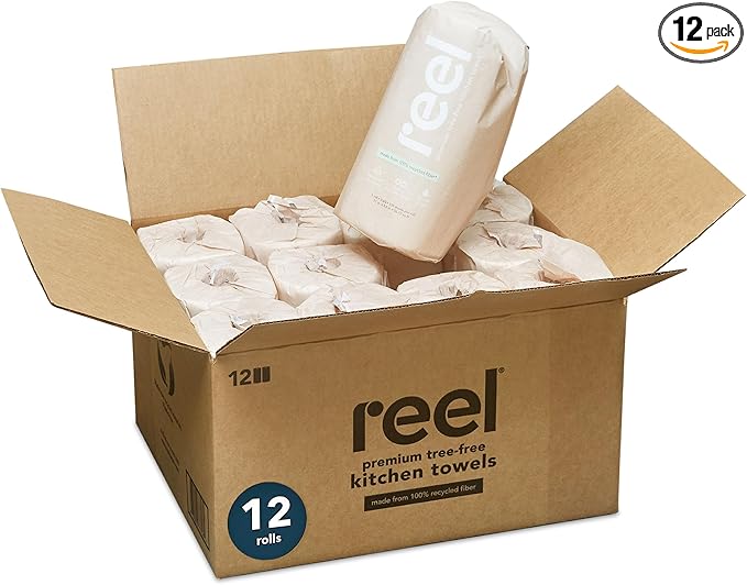 Reel Premium Recycled Paper Towels- 12 Rolls, 2-Ply Made From Tree-Free, 100% Recycled Paper - Eco-Friendly, Hypoallergenic and Zero Plastic Packaging