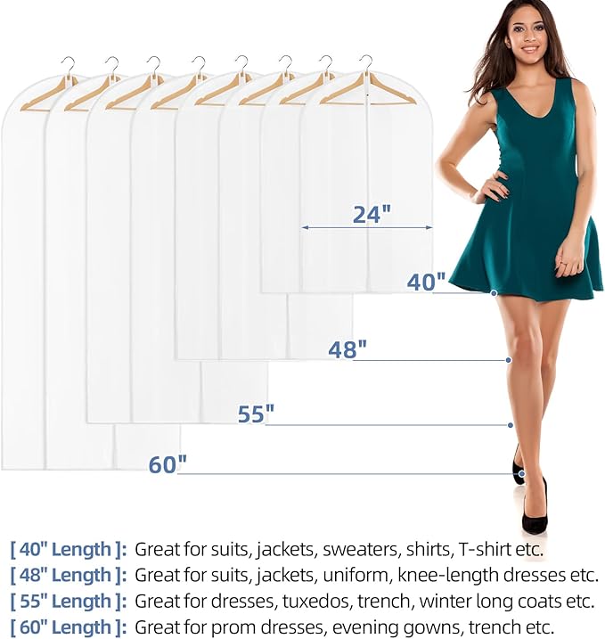 40" All Clear Garment Bags for Hanging Clothes, 5 Packs Suit Bags for Closet Storage, Plastic Waterproof Suit Cover Bags with Zipper for Coats, Jackets, Shirts (Set of 5)