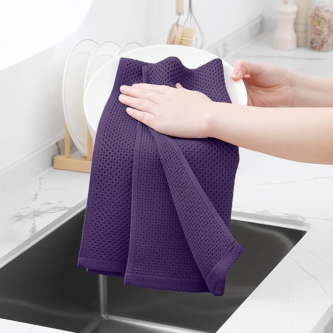 Homaxy 100% Cotton Waffle Weave Kitchen Dish Towels, Ultra Soft Absorbent Quick Drying Cleaning Towel, 13 x 28 Inches, 12-Pack, Eggplant